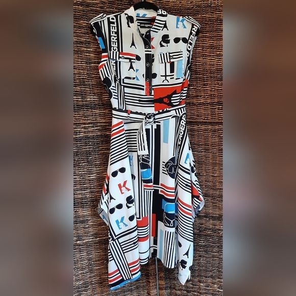 Karl Lagerfeld Paris Eiffel Tower Midi Dress 8 Mod Retro Military Stripes Logo - Picture 1 of 10